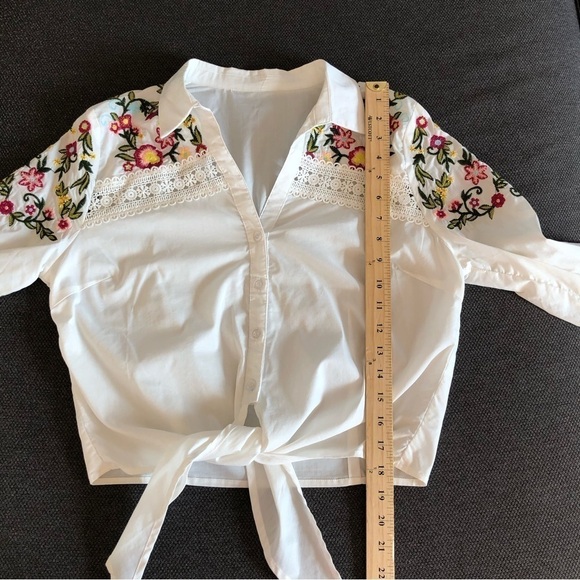 White front tie cropped shirt with multi colored floral embroidery flared sleeve - Picture 7 of 7